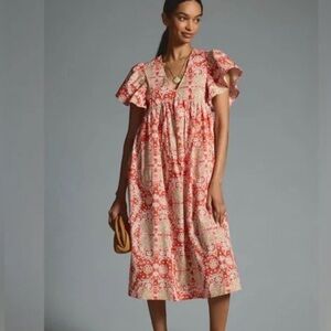 Anthropologie Maeve Printed Flutter-Sleeve Babydoll Dress